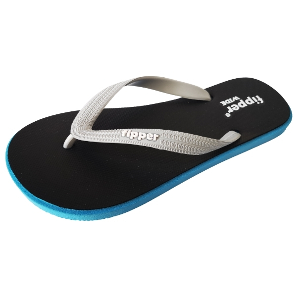 Fipper – Flip Flops / Slippers – Wide (Black, Blue with Light Grey Straps) – UK 9