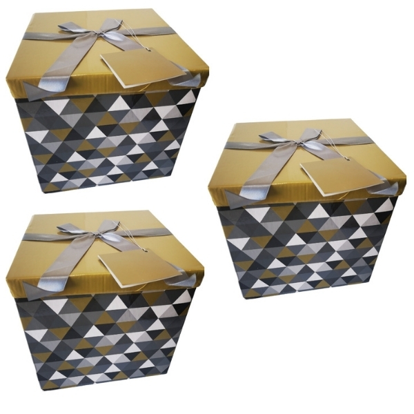 SourceDirect – Pack Of 3 Flat-Pack Gift Boxes – Large (Gold/Grey)