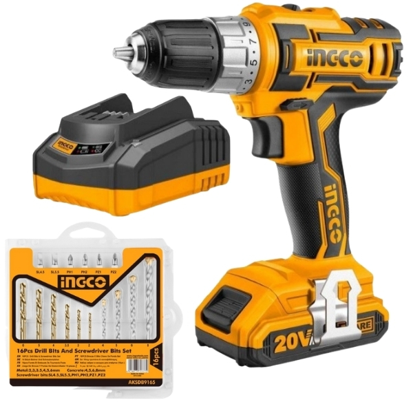 Ingco – Cordless Drill (20V), Drill & Screwdriver Bit Set (16-Pieces) Combo