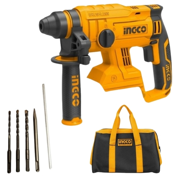 Ingco – Rotary Hammer Drill 20V (Cordless), Tool Bag, Drill Bits and Chisel