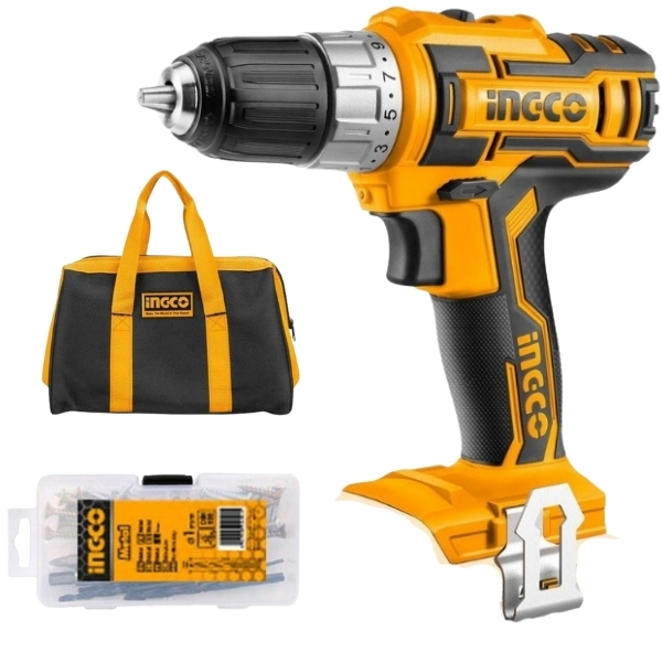 Ingco – Cordless Drill 20V Lithium-Ion, Tool Bag and Accessory Set (47 Piece)