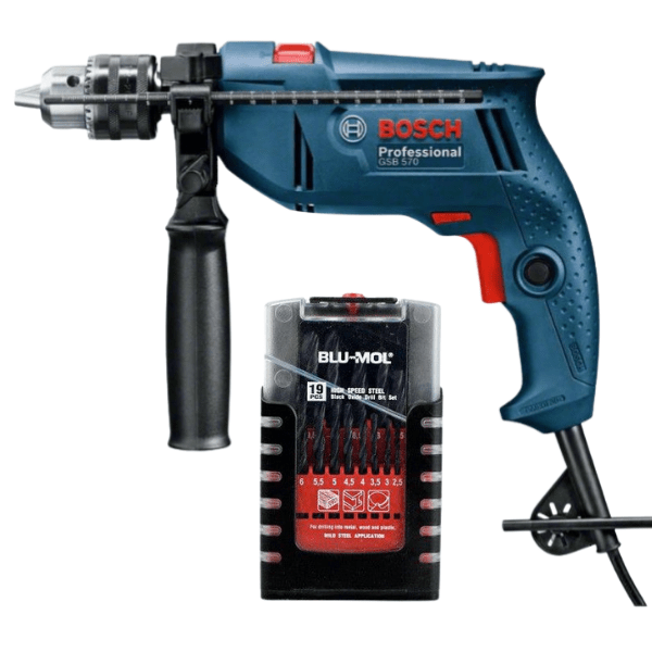 Bosch – GSB 570 – Impact Drill and Blu-Mol High-Speed Drill Bit Set (19 piece)