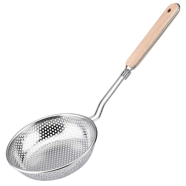 SourceDirect-Stainless Steel Perforated Skimmer Strainer with Wooden Handle