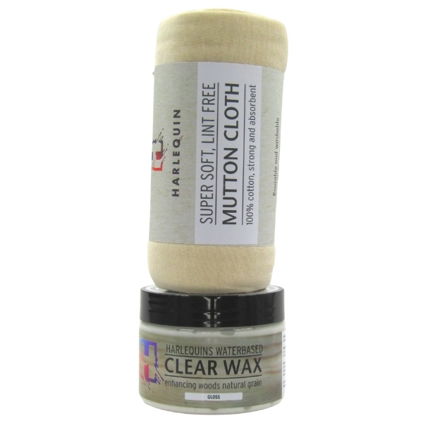Harlequin- Waterbased Clear Wax (Gloss – 250ml) & Mutton Cloth 200g