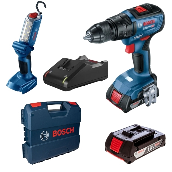 Bosch – Cordless Impact Drill, 2 x 2.0Ah, Charger & Cordless Jobsite Light
