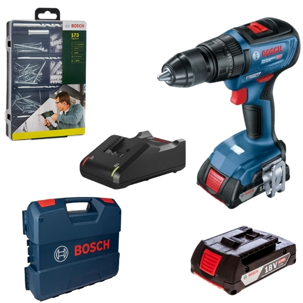 Bosch – Cordless Impact Drill, 2 x 2.0Ah, Charger & 173 Piece Fixing Set