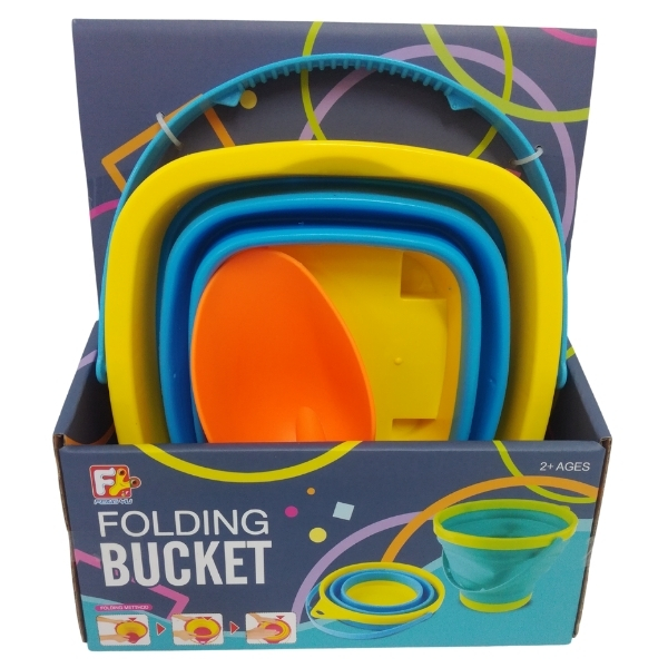 SourceDirect – Collapsible Square Beach Bucket(Blue/Yellow) – Orange Shovel