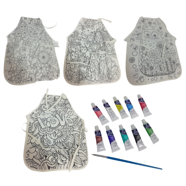 Khoki- Children’s Painting Aprons 4 Piece (Assorted) & 10 x 6ml Fabric Paint