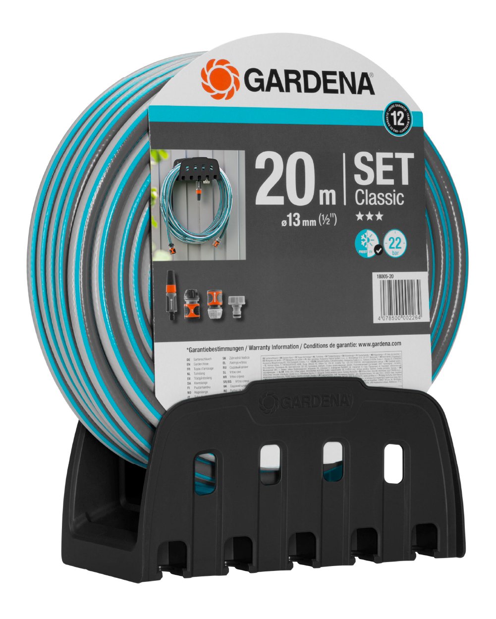 GARDENA Classic Hose 13 mm (½”) x 20 metres INC fittings and wall bracket