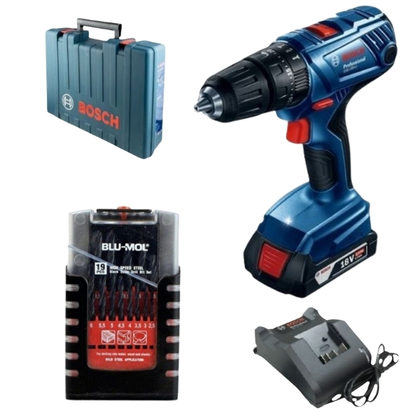 Bosch – Impact Drill, 2.0Ah, Charger and 19 Piece Blu-mol Drill Bit Set