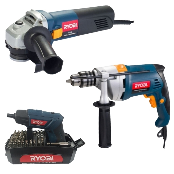 Ryobi – Impact Drill PD-850, Angle Grinder G-850 & 3.6V Li-Ion Screwdriver.