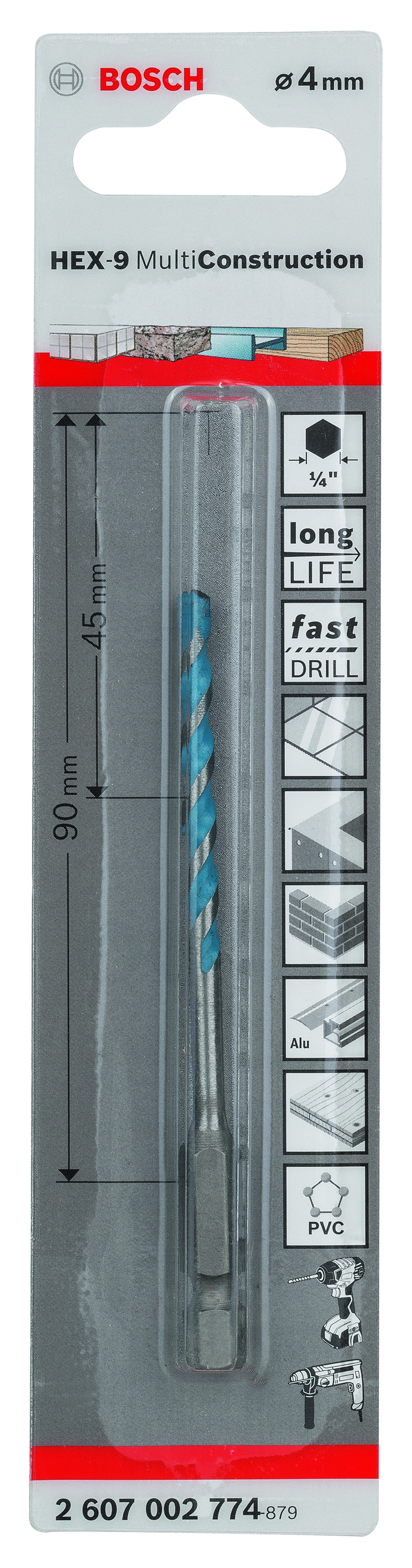 HEX-9 Multi Construction Multi-purpose Drill Bits 4 x 45 x 90 mm