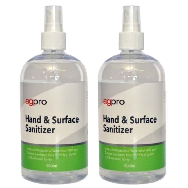 Agpro – Hand and Surface Sanitizer / 75% Alc Spray – Pack of 2 (500ml x 2)