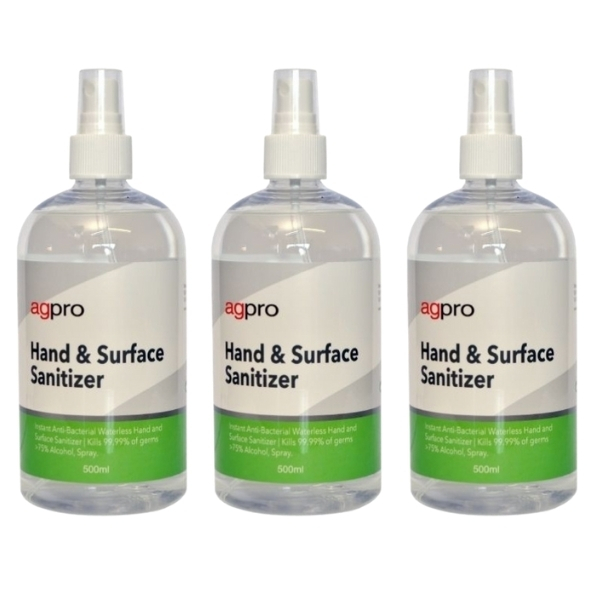 Agpro – Hand and Surface Sanitizer / 75% Alc Spray – Pack of 3 (500ml x 3)