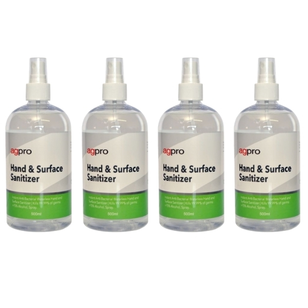 Agpro – Hand and Surface Sanitizer / 75% Alc Spray – Pack of 4 (500ml x 4)