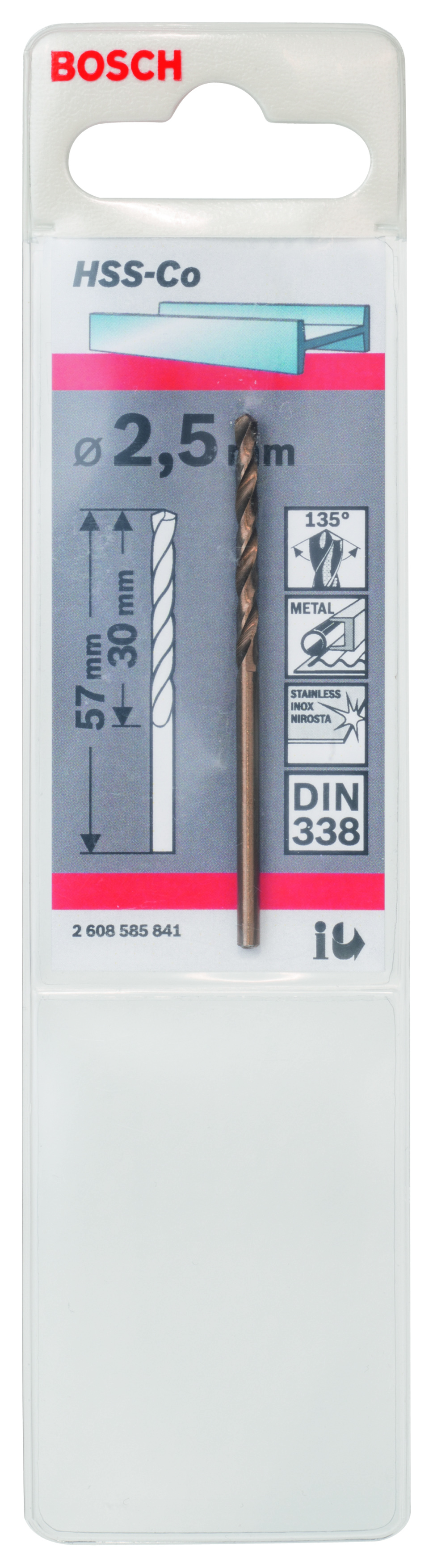 HSS-Co Metal Drill Bits, DIN 338 2,5 x 30 x 57 mm