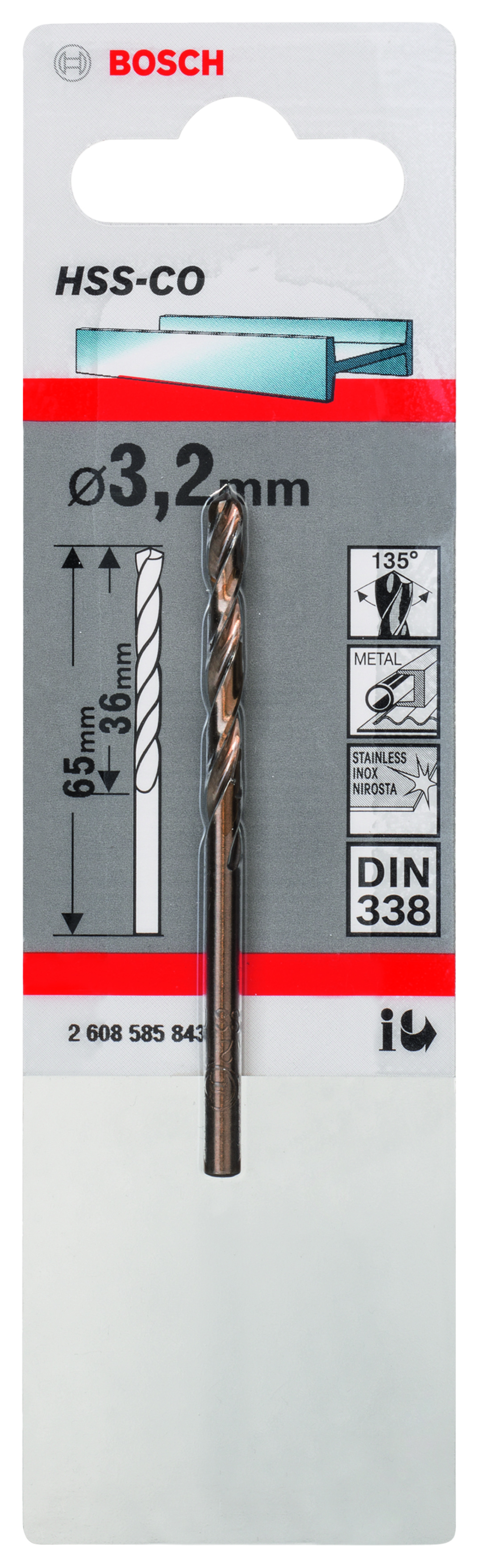 HSS-Co Metal Drill Bits, DIN 338 3,2 x 36 x 65 mm