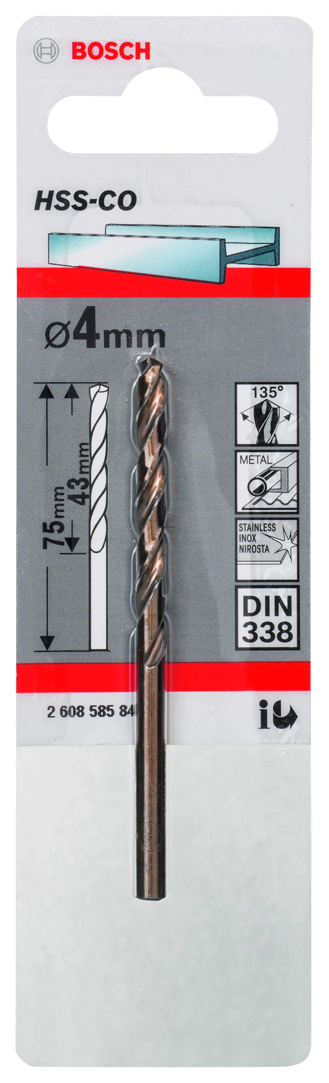 HSS-Co Metal Drill Bits, DIN 338 4 x 43 x 75 mm