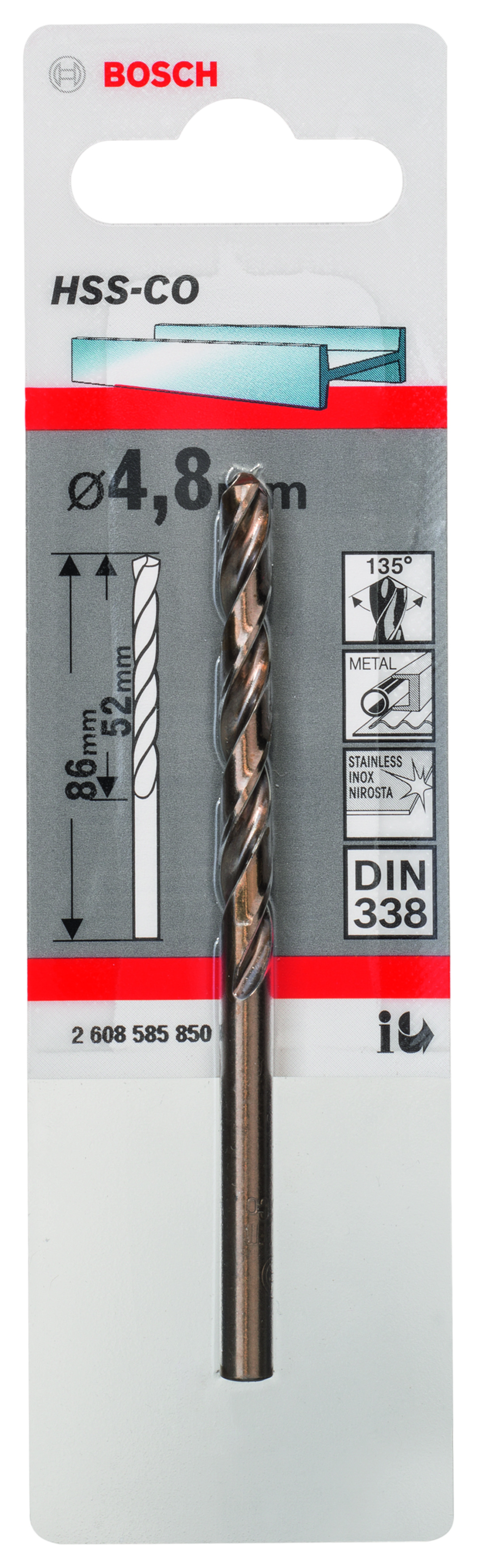 HSS-Co Metal Drill Bits, DIN 338 4,8 x 52 x 86 mm