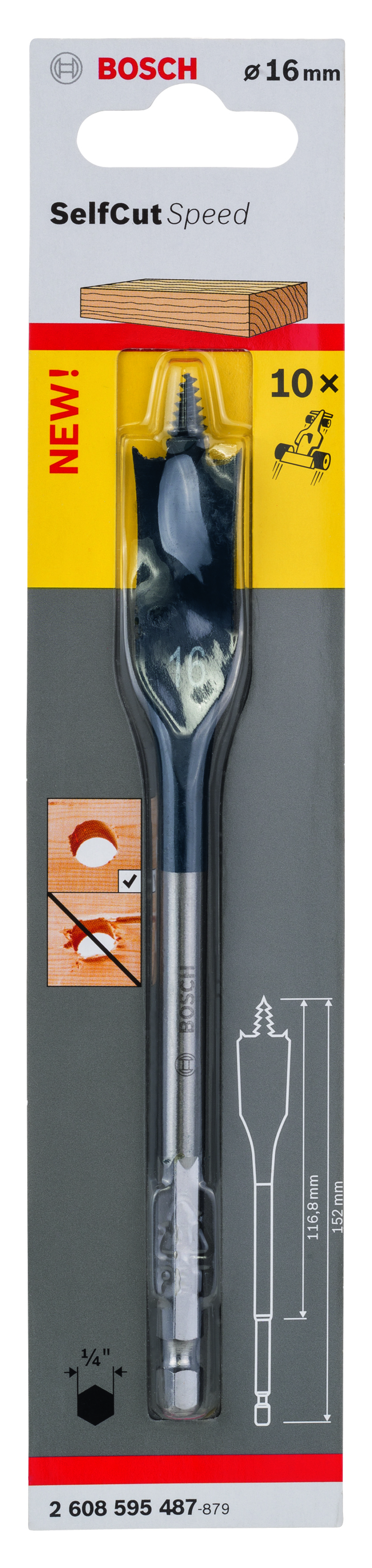 Self Cut Speed Spade Bit, Hexagon 16 x 152 mm