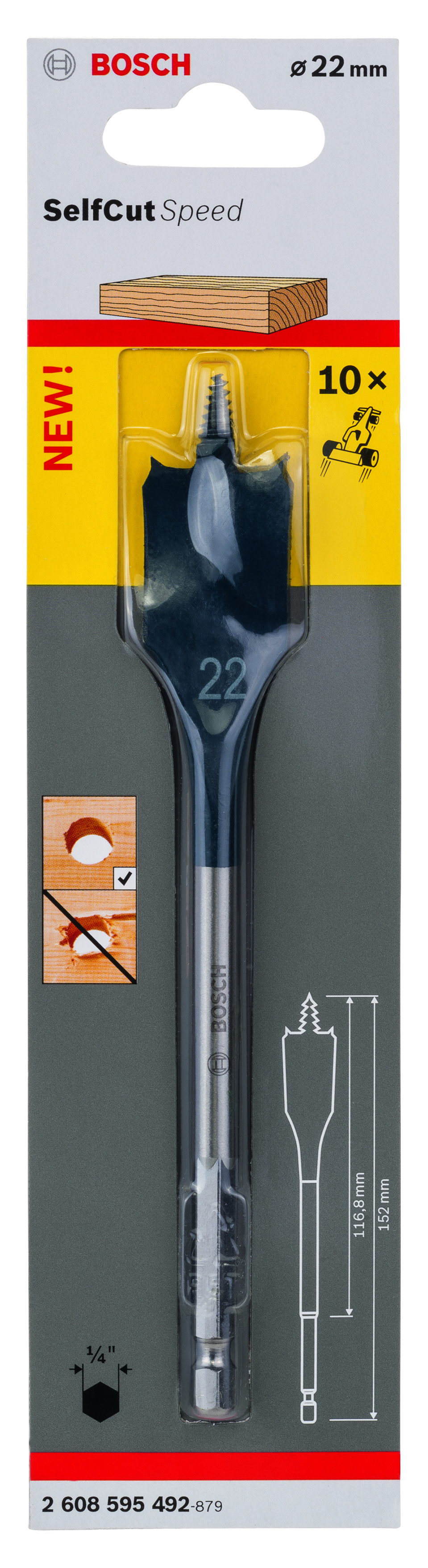 Self Cut Speed Spade Bit, Hexagon 22 x 152 mm