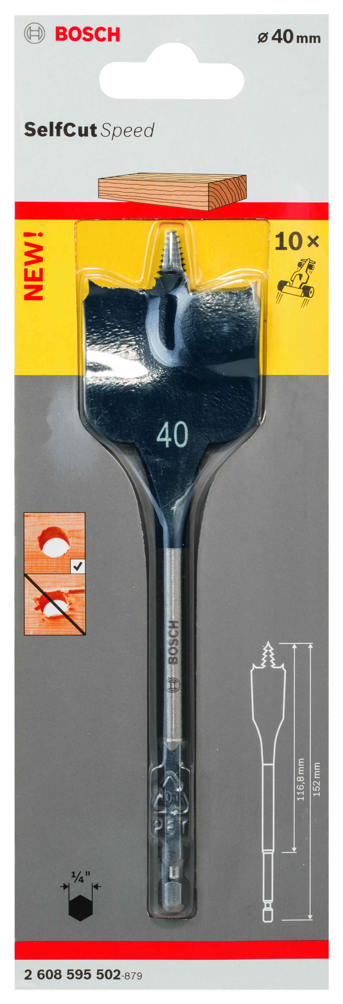 Self Cut Speed Spade Bit, Hexagon 40 x 152 mm