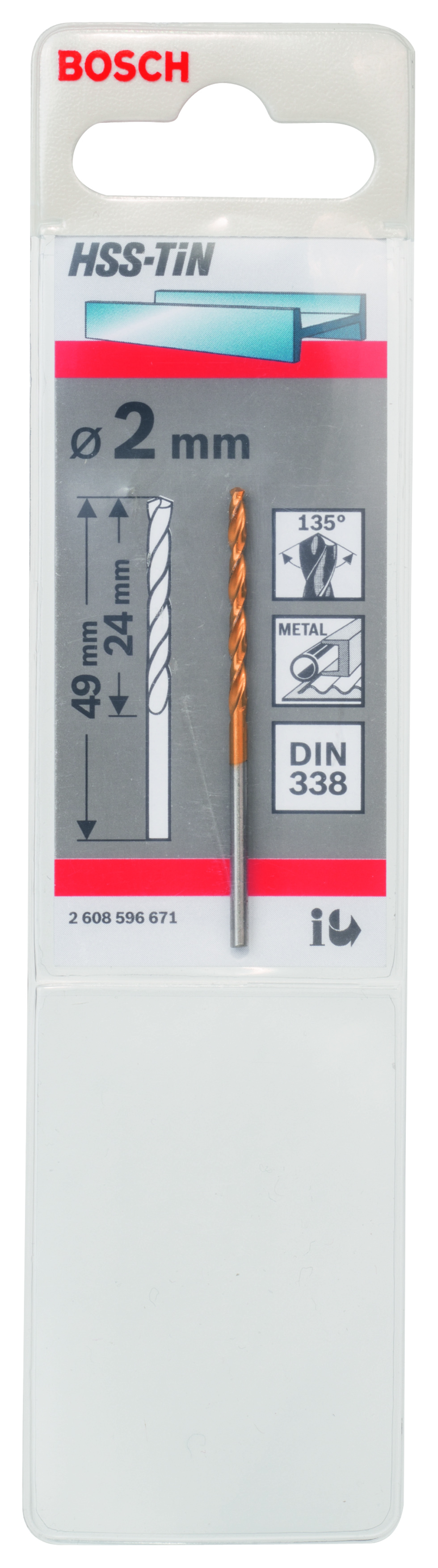 HSS-TiN Metal Drill Bits, DIN 338 2 x 24 x 49 mm