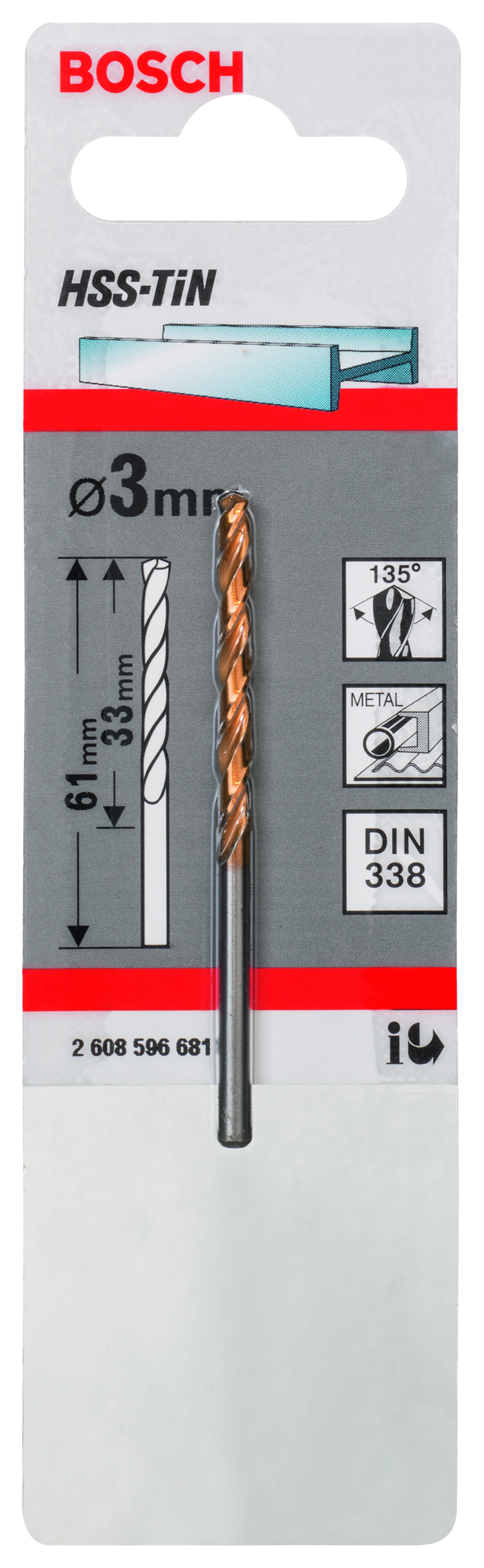 HSS-TiN Metal Drill Bits, DIN 338 3 x 33 x 61 mm