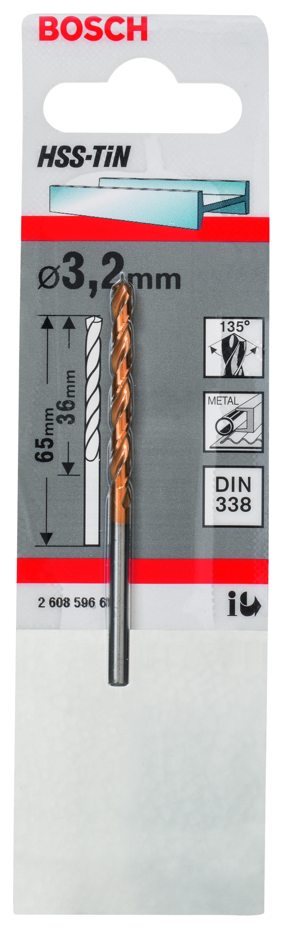 HSS-TiN Metal Drill Bits, DIN 338 3,2 x 36 x 65 mm