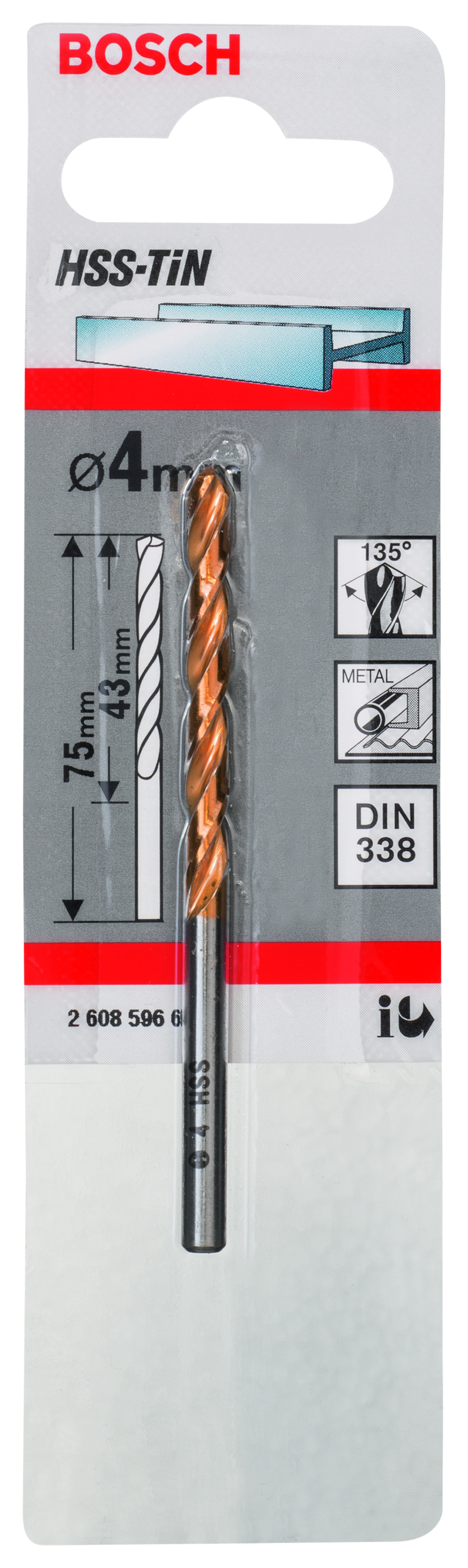 HSS-TiN Metal Drill Bits, DIN 338 4 x 43 x 75 mm