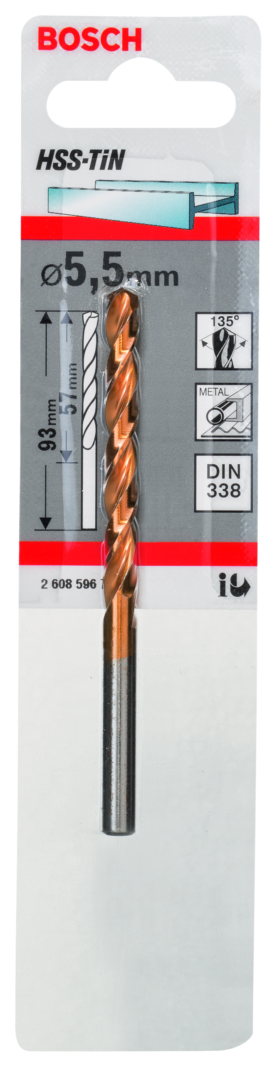 HSS-TiN Metal Drill Bits, DIN 338 5,5 x 57 x 93 mm