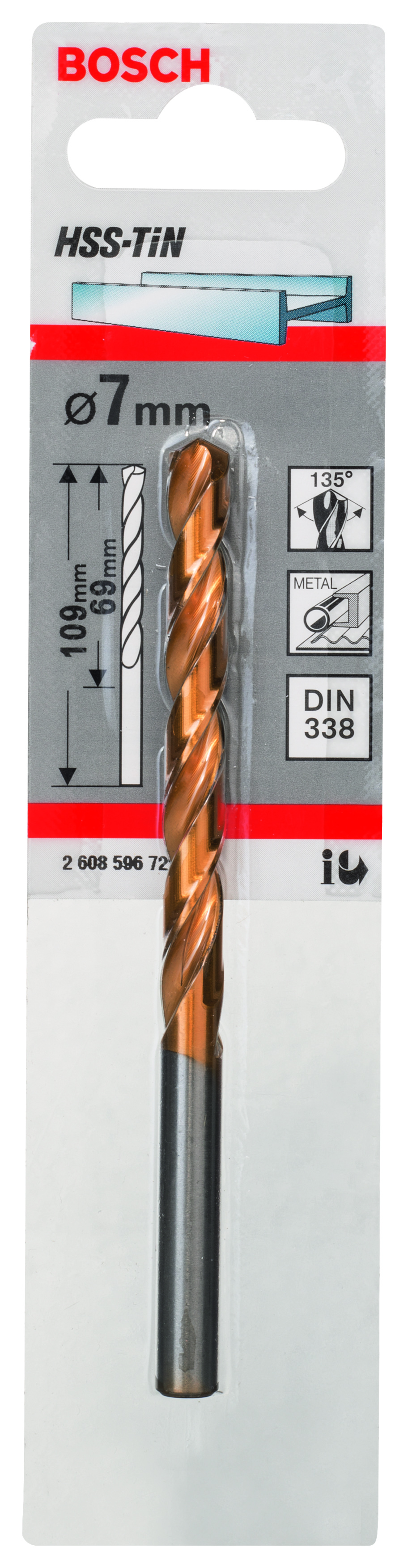 HSS-TiN Metal Drill Bits, DIN 338 7 x 69 x 109 mm