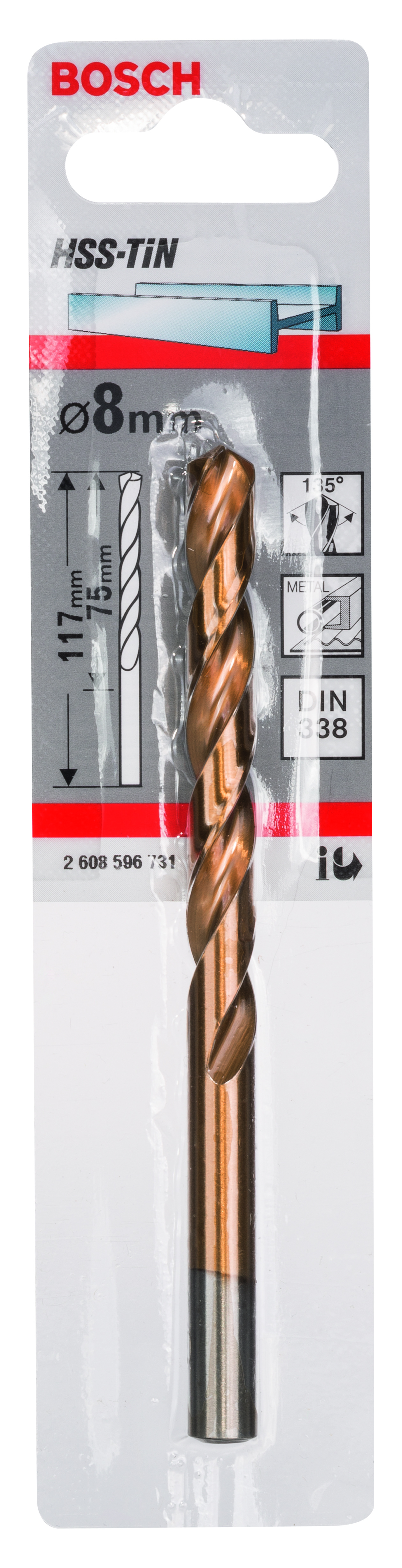 HSS-TiN Metal Drill Bits, DIN 338 8 x 75 x 117 mm