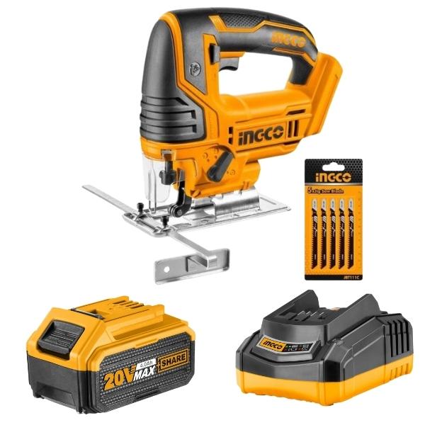 Ingco – Cordless Jigsaw with 5 Piece Saw blades, 1 x 4.0Ah & 1 x Fast Charger