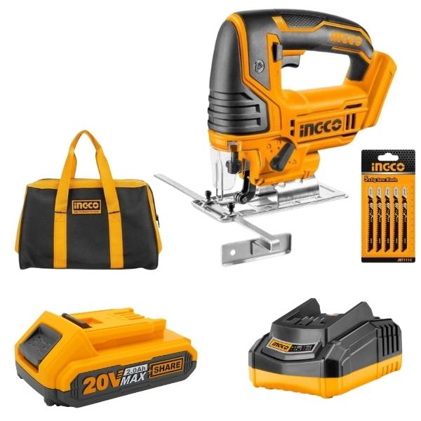 Ingco – Cordless Jigsaw with 5 Piece Saw blades, 2.0Ah, Charger & Tool Bag