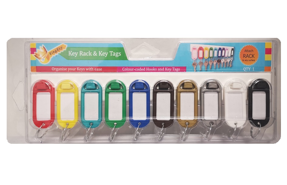 Key Ring Rack with 10 Colour-coded Key Tags – Attach Rack to Any Surface