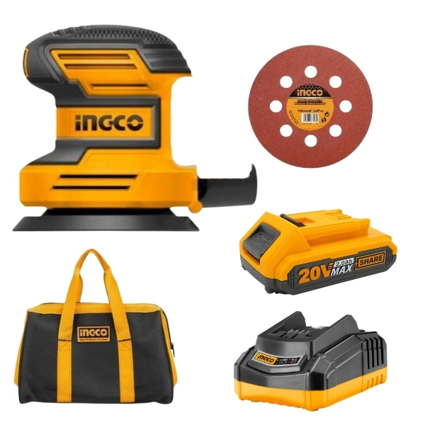 Ingco- Orbit Sander with 5 x Sandpapers, Battery, Charger & Canvas Tool Bag