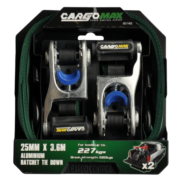 Cargomax – Tie Down Ratchet Strap S-Hook 25mm x 3.6m – 2 Piece