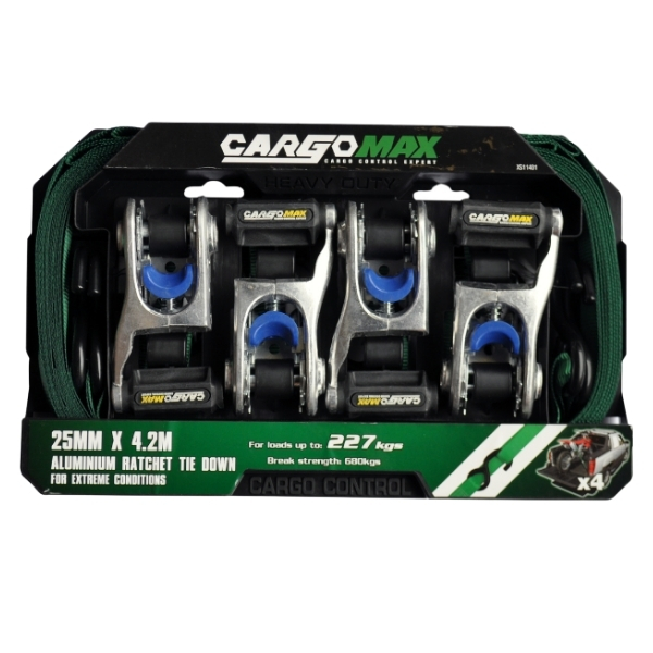 Cargomax – Tie Down Ratchet Strap S-Hook 25mm x 4.2m – 4 Piece