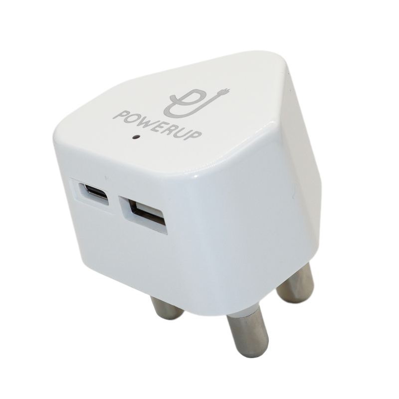 PowerUp 20W Dual Port Type C & USB 3 Prong Wall Charger – White