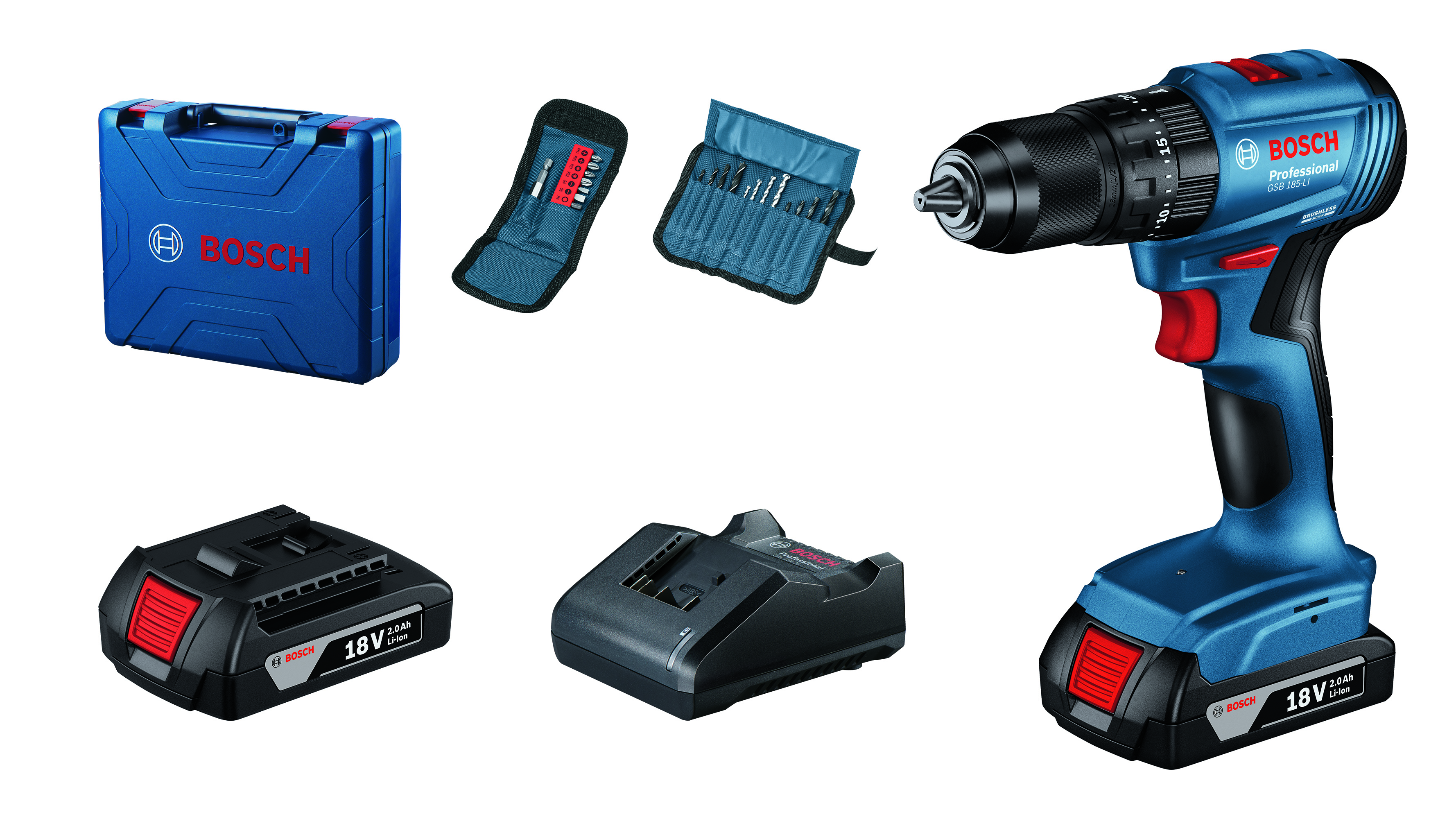 Bosch – Cordless 18V Impact Drill – GSB 185-LI + 23 Accessories