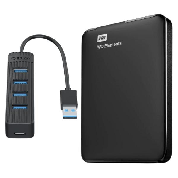 WD Elements 2TB Portable Hard Drive & Orico 4 Port USB3.0 Hub – Black