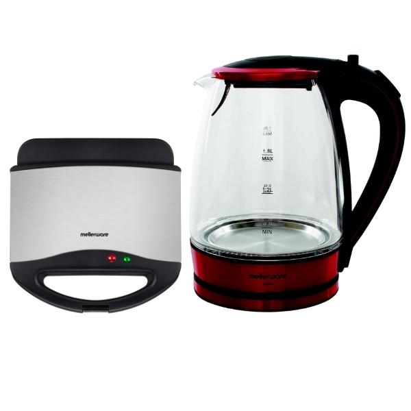 Mellerware – Cordless Glass Kettle 1.8L 2200W & Planet Sandwich Maker 800W