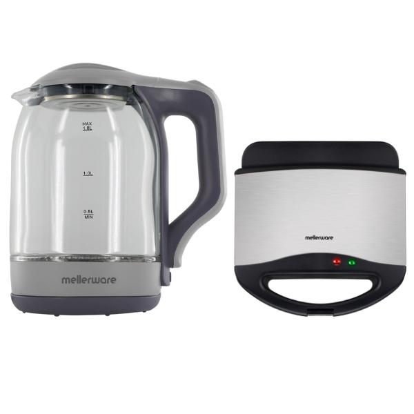 Mellerware – Cordless Glass Kettle 1.8L 1800W & Planet Sandwich Maker 800W