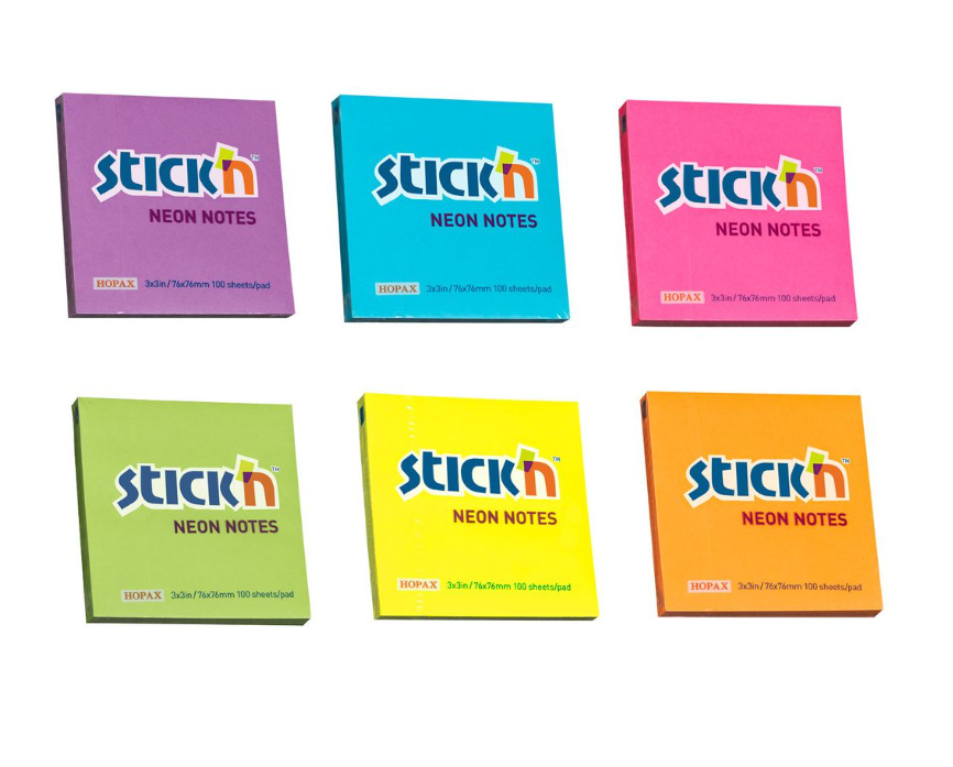 Stick’n Neon Adhesive Sticky Notes 76x76mm- Assorted Pack of 6