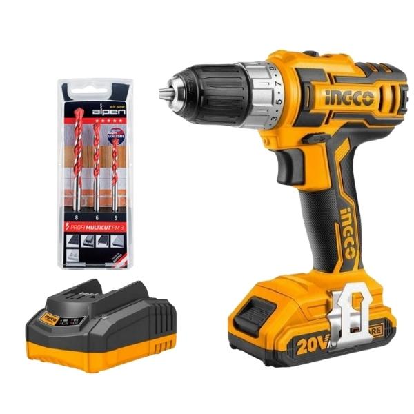 INGCO – Cordless Drill Kit & Alpen Multicut Drill Bit Set (3 Piece)
