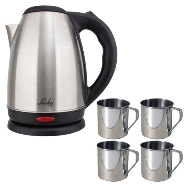 Lucky – Cordless Stainless Steel Kettle 1.7L with 4 x Coffee Mugs (250ml)