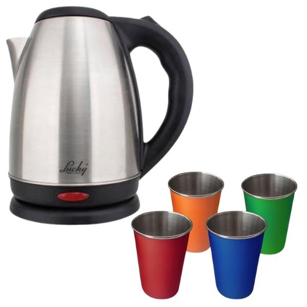 Lucky – Cordless Stainless Steel Kettle 1.7L with 4 x Tumblers 400ml