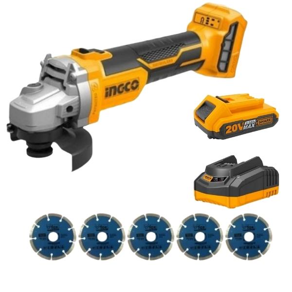 Ingco – Lithium-Ion Angle Grinder Combo Kit with 5pc Diamond Blades 115mm