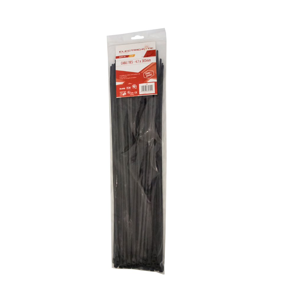 Electricmate – Cable Ties Black 4.7 x 385mm – Pack of 100